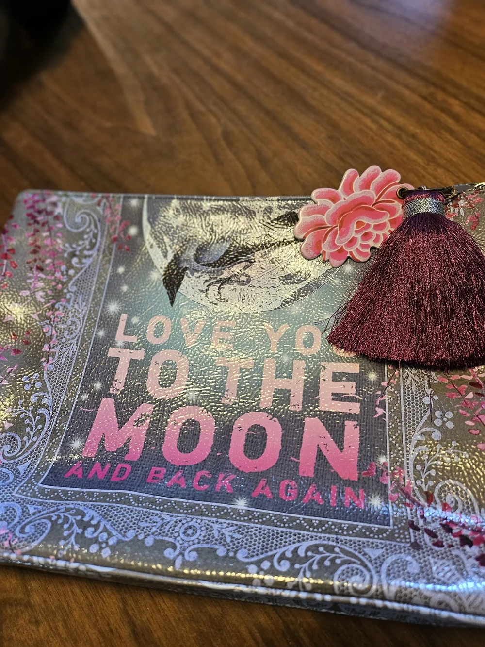 Payaya Art Pink Floral Love You To The Moon Faux Patent Leather Zippered Pouch